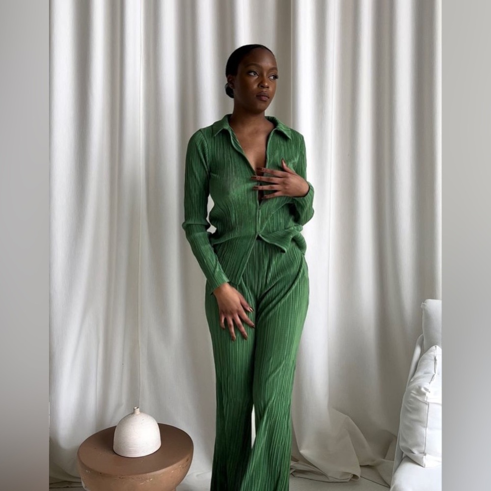 Zara Pleated Coord Set - Plisse Green Medium Wide Leg Pants and Small Top